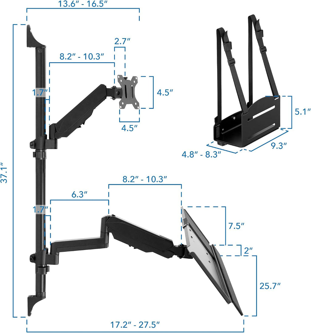 Mount-It! Single Monitor Arm Wall Mount Workstation with Keyboard Tray & CPU Holder, Height Adjustable Gas Spring Full Motion Computer Station, Fits 17–32' VESA 75x75 100x100, Black