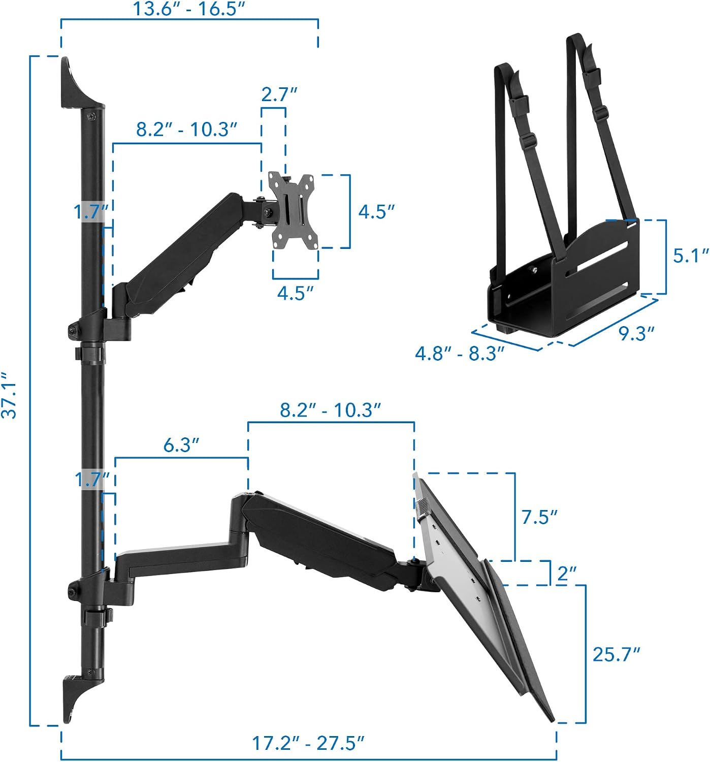 Mount-It! Single Monitor Arm Wall Mount Workstation with Keyboard Tray & CPU Holder, Height Adjustable Gas Spring Full Motion Computer Station, Fits 17–32' VESA 75x75 100x100, Black