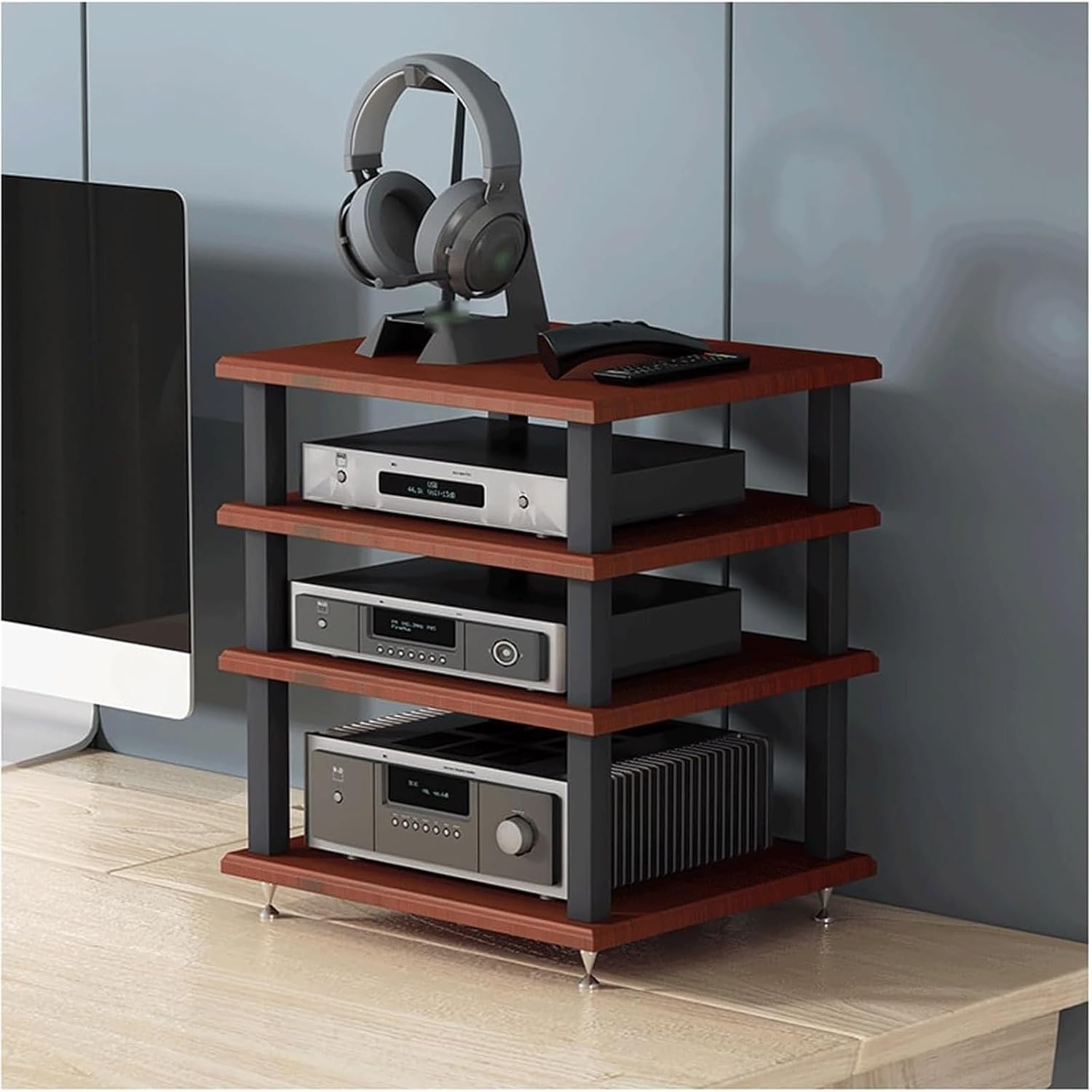 Audio Rack 2/3/4 Tier Stereo Rack Audio Equipment Rack Audio Stereo Shelf Wooden HiFi Rack Audio-Video Shelving HiFi Rack Shock Durable(Brown,4 Tier)
