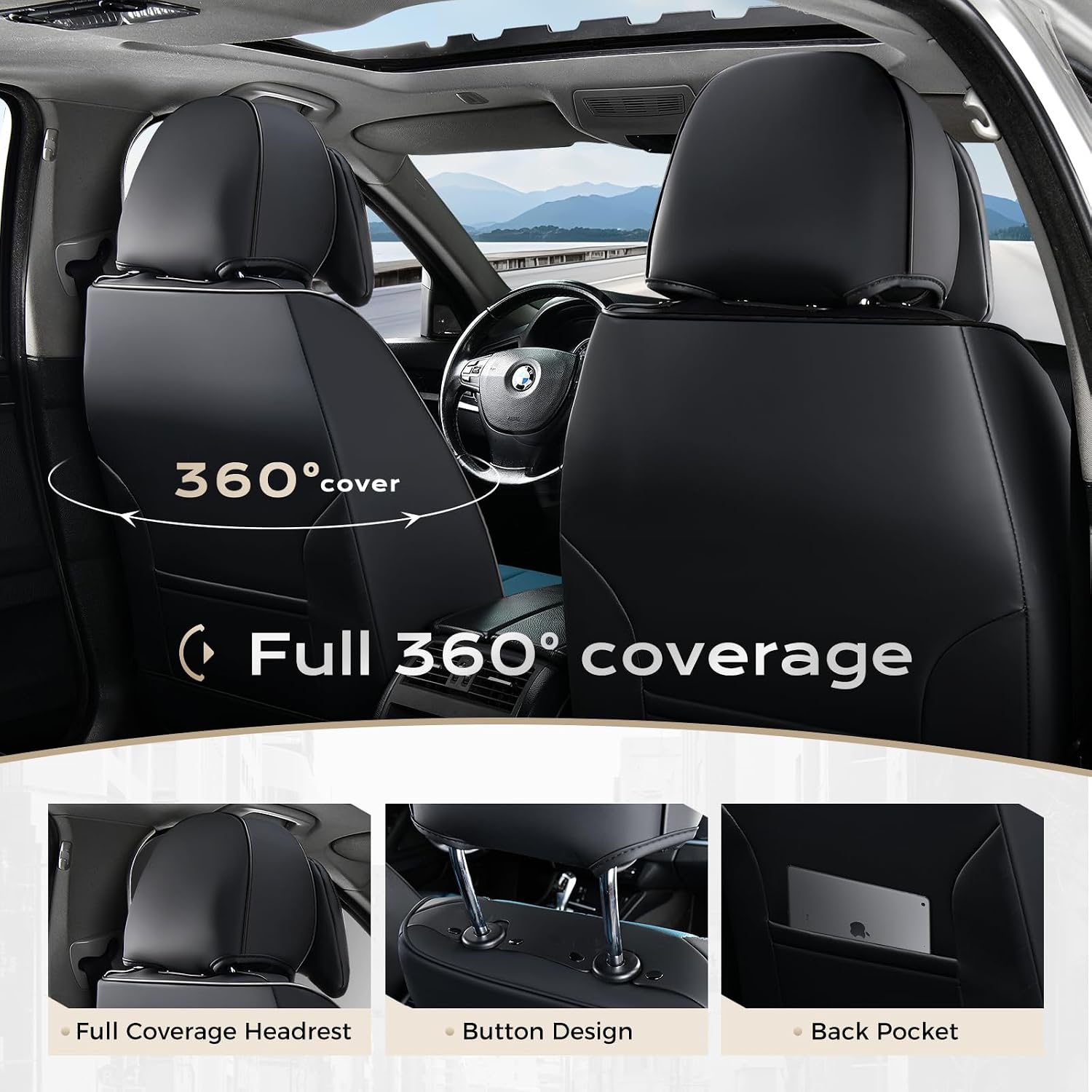 Coverado Seat Covers Full Set, Seat Covers for Cars, 5 Seats Waterproof Nappa Leather Car Seat Covers with Head Pillow, Seat Protectors Car Seat Cushion Universal Fit for Most Cars (Black&Blue)
