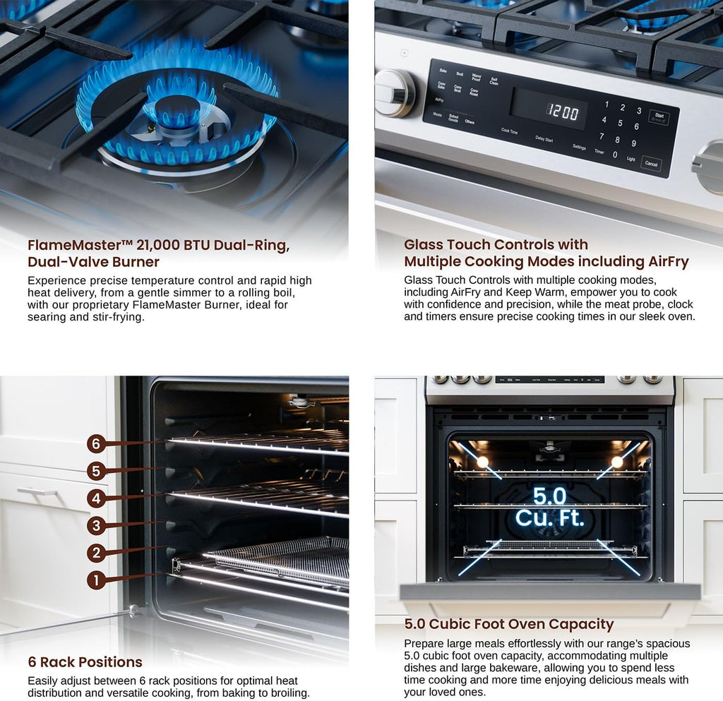 Rangaire RRG303GS 30' Glass Touch Gas Range Oven - Stainless Steel, Sealed Burners, True Convection, Self Cleaning, Easy Reach Racks
