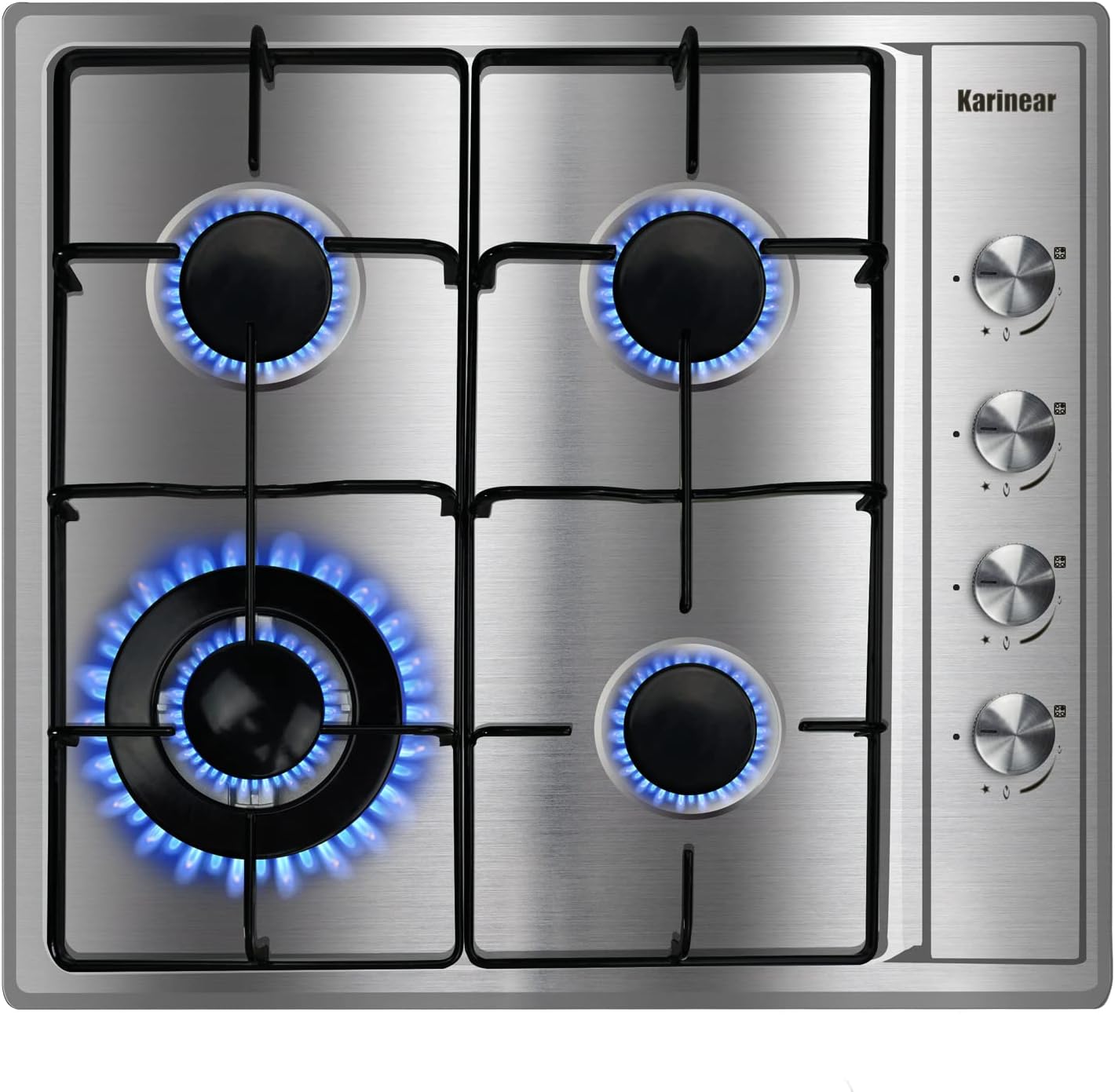 Karinear 24 Inch Gas Cooktop - 4 Burner Stainless Steel Gas Hob, NG/LPG Dual Fuel with Thermocouple Protection for Apartments (Includes Pressure Regulator)
