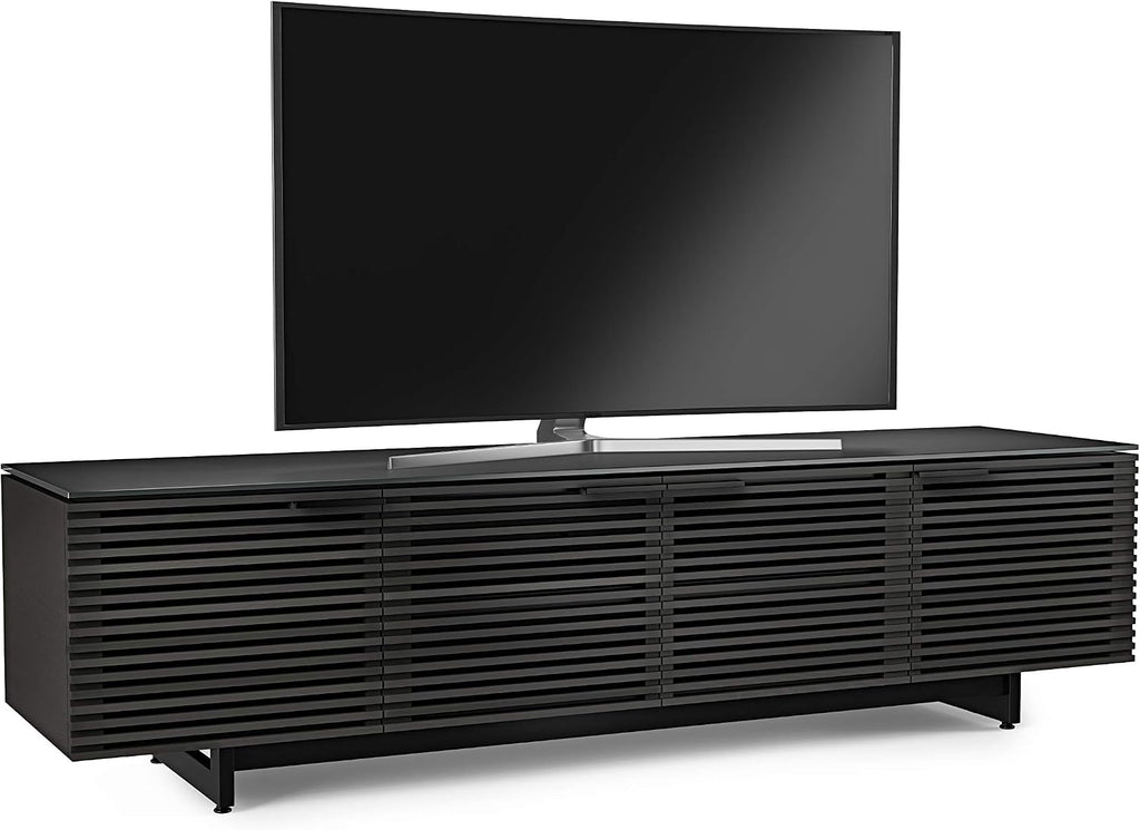 BDI Furniture Corridor 8173-79.25'' TV Stand for TVs up to 85' with Soundbar Shelf, Adjustable Shelves, Cable Management, Ventilation, Tempered Glass Top, Charcoal Stained Ash