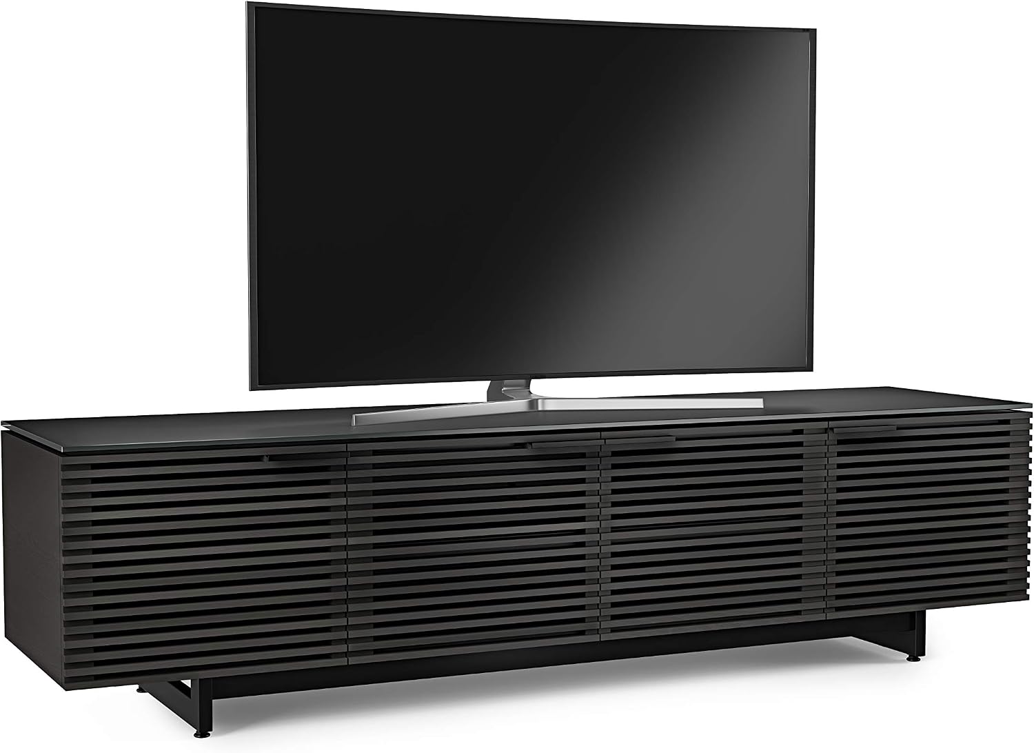 BDI Furniture Corridor 8173-79.25'' TV Stand for TVs up to 85' with Soundbar Shelf, Adjustable Shelves, Cable Management, Ventilation, Tempered Glass Top, Charcoal Stained Ash
