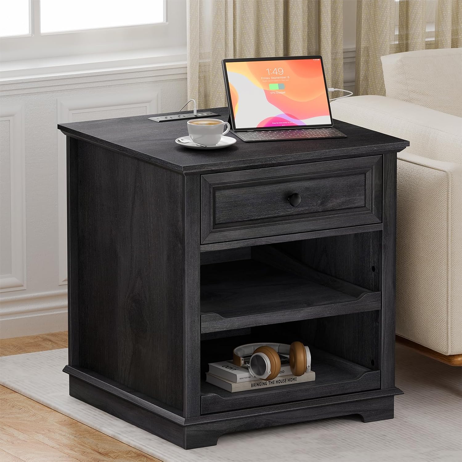 REDAYFUR Lateral File Cabinet 3 Drawer File Cabinet with Charging Station, Printer Stand with Open Adjustable Storage Shelves, Lateral Filing Cabinet for Home Office, Black