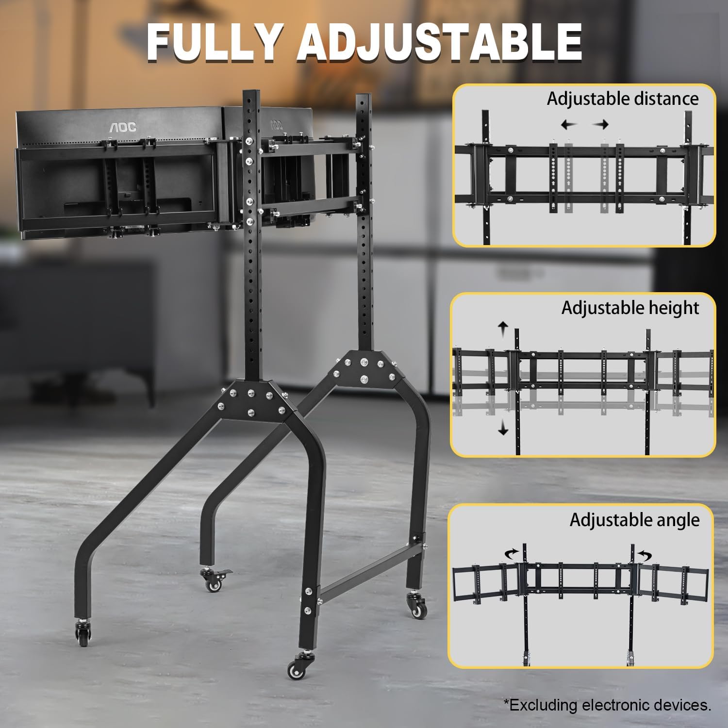 Marada Sim Racing Triple Monitor Stand with Wheels Compatible with 27/32-inch Displays Height and Tilt Adjustable, A-Frame Base for Flight & Driving Simulator Cockpit Rig