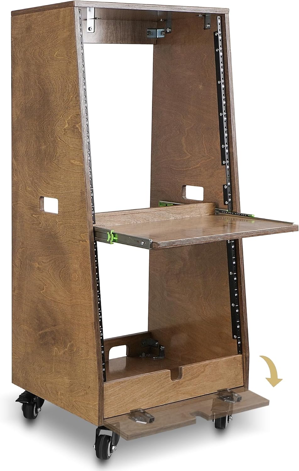 Sound Town DIY Slanted 20U Studio Rack (12U Top + 8U Lower), with 2U Bottom Storage, Slide-Out Tray, Caster, Plywood, Weathered Brown for Recording Room, Home Studio (SDRK-ST20TB)