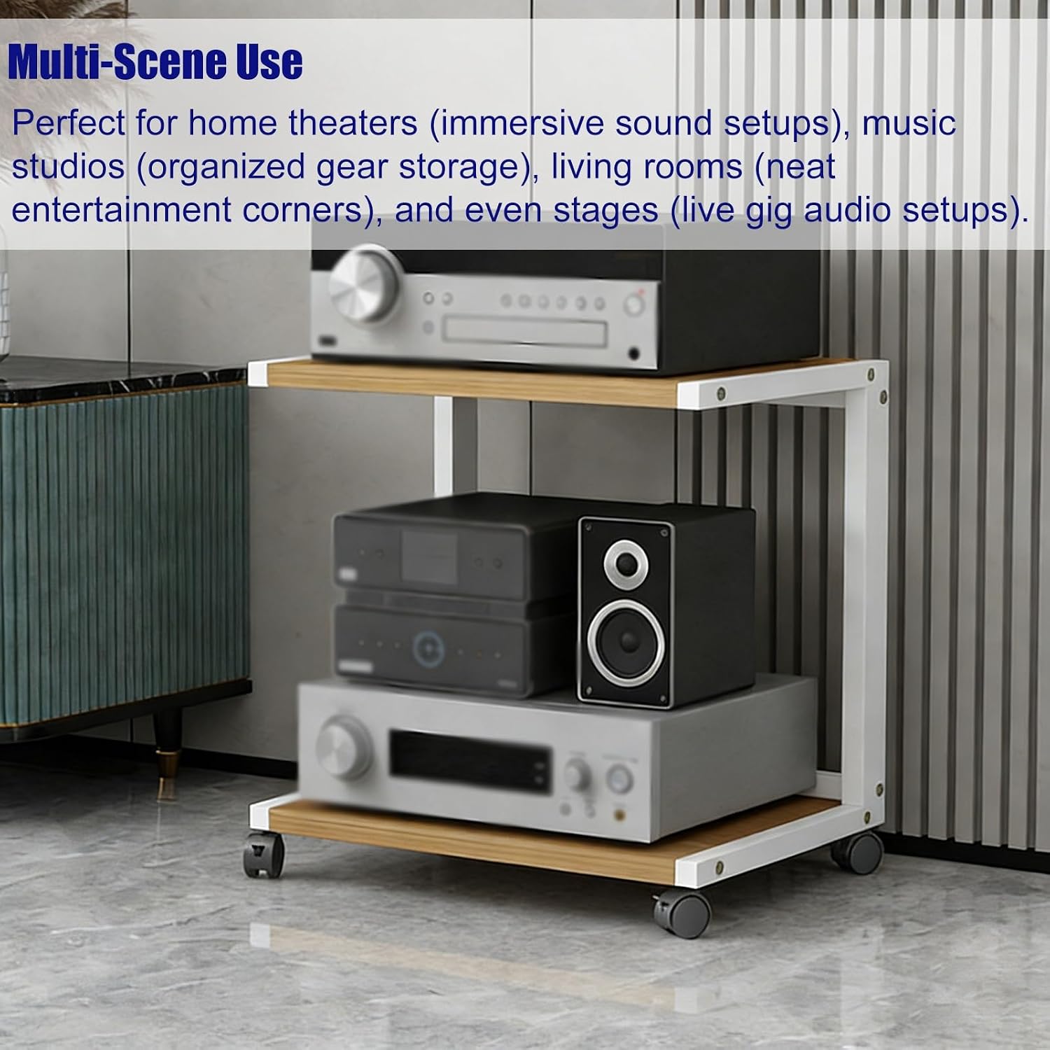 YLLFFLL Easy Assembly Av Storage Cabinet 2-Tiers HiFi Racks Media Black, Audio Component Rack Tower Media Stereo Stand Equipment Shelf for Living Room, on Wheels(H 45CM(17 7/10IN))