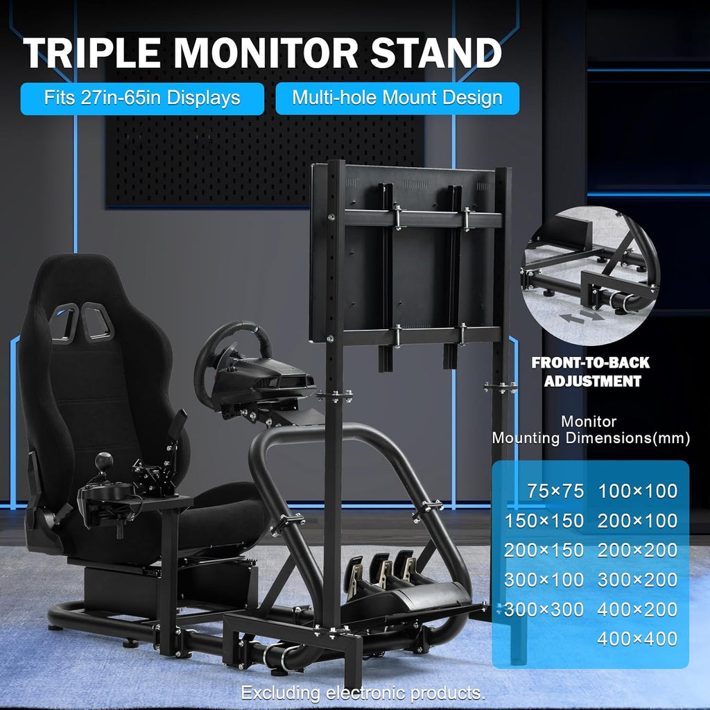 Anman Pro Adjustable Sim Racing Simulator Cockpit Black Seat with Display TV Monitor Stand Fits for Logitech G27 G920 G29 G25,for Thrustmaster T300RS TX, for Fanatec,Wheel Pedals Not Included