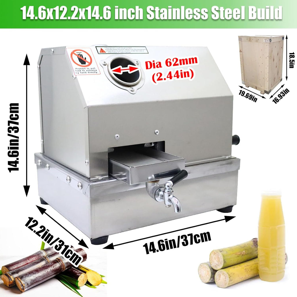 Manual Sugarcane Juicer - Stainless Steel 3-Roller Commercial Juice Extractor, 2.4in Inlet, 330lbs/h Output, Sugar Cane Press Machine, Sugarcane Juice Squeezer for Home and Business