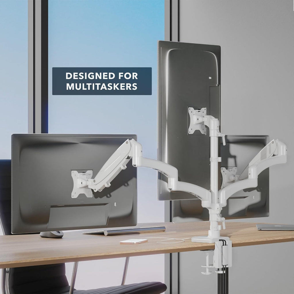 Mount-It! Triple Monitor Mount, 3 Monitor Desk Mount, Gas Spring Arms, Fits 13–27' Screens, VESA 75 & 100, Clamp or Grommet, USB-A & USB-C, White