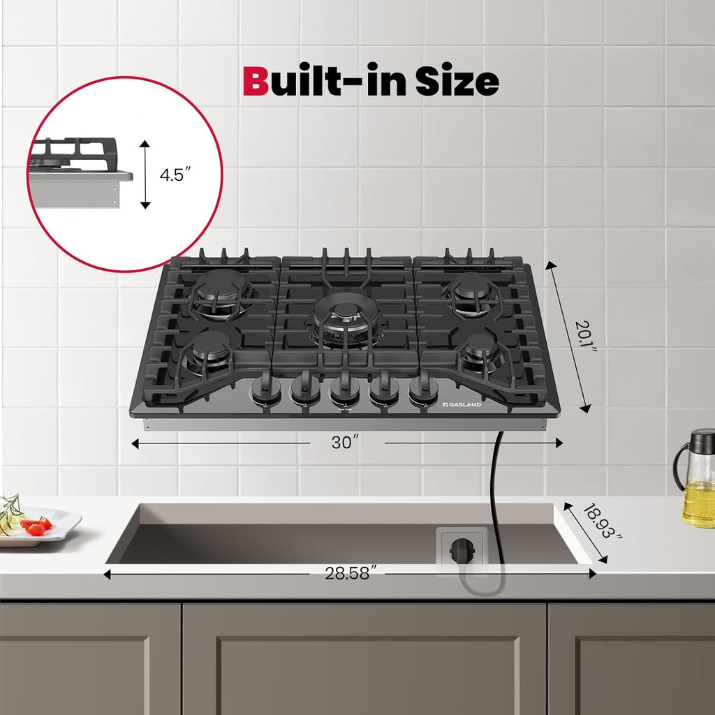 GASLAND Gas Cooktop 30 Inch Black, 5 Burner Propane Stove Top, Built-in Gas Cooktops NG/LPG Convertible, Plug-in with Thermocouple Protection, CSA Certified, Black