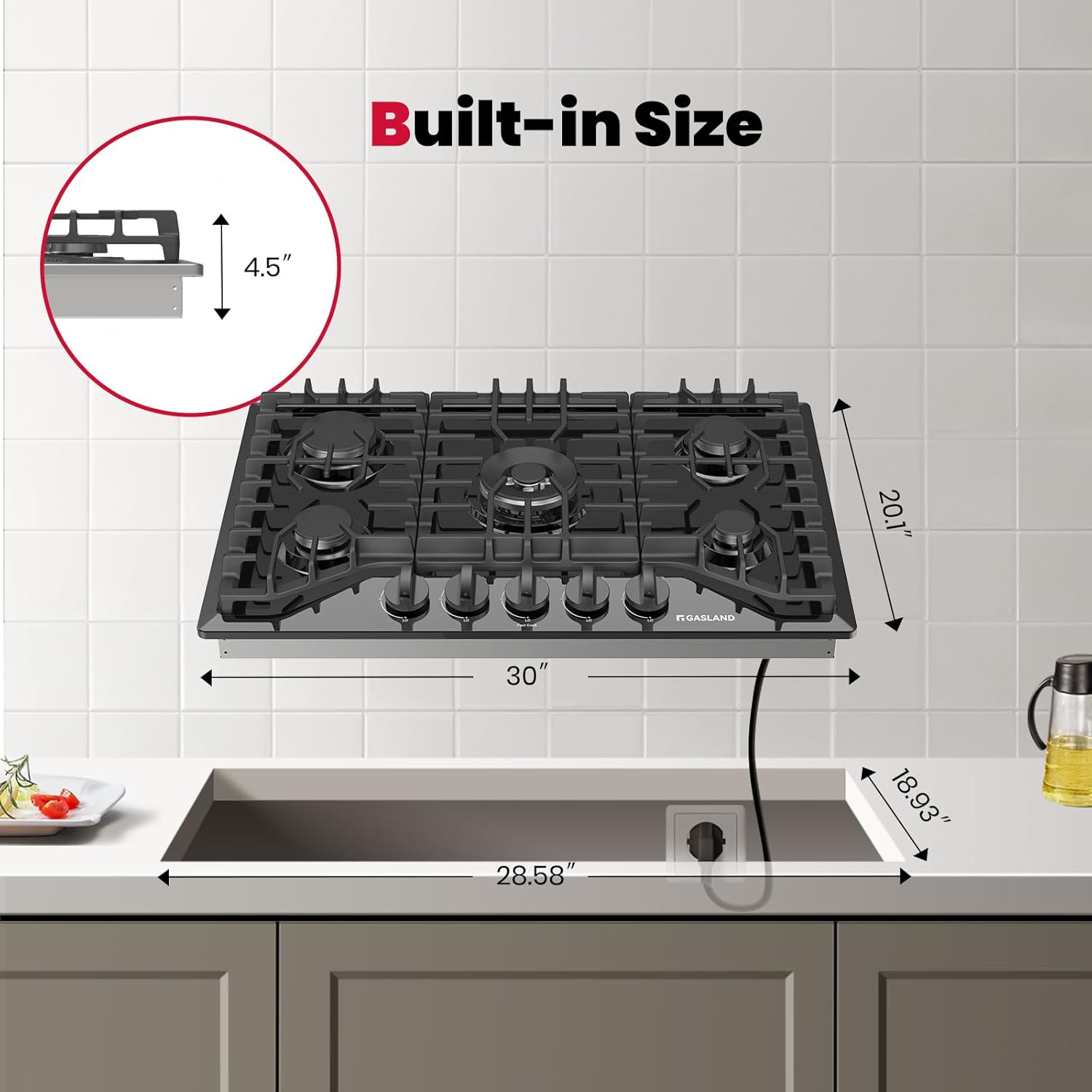GASLAND Gas Cooktop 30 Inch Black, 5 Burner Propane Stove Top, Built-in Gas Cooktops NG/LPG Convertible, Plug-in with Thermocouple Protection, CSA Certified, Black