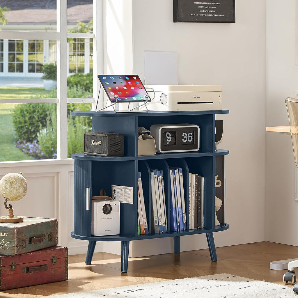 LELELINKY Small Round Record Player Stand with Charging Station & Fluted Panel,Navy Blue Mid Century Modern Turntable Cabinet with Vinyl Storage, Arched Wood Record Player Table for Living Room
