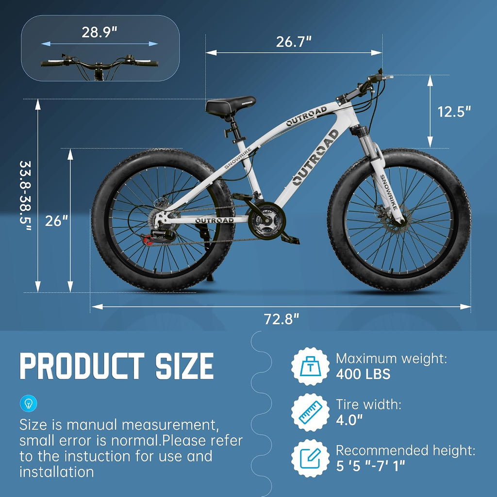 26' Fat Tire Mountain Bike with 4 inch Knobby Tires, 21 Speed MTB with Dual Disc Brake for Adults, Anti-Slip Bicycle, Black, White, Blue&Purple