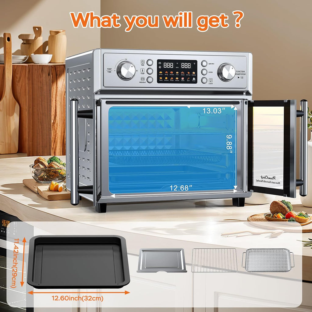 Plum chef 27.5QT French Door Air Fryer Toaster Oven Combo, Countertop Oven with 14 Presets & Digital Control, Extra Large Toaster Oven for Baking, Roasting, Accessories Includes,Stainless Steel