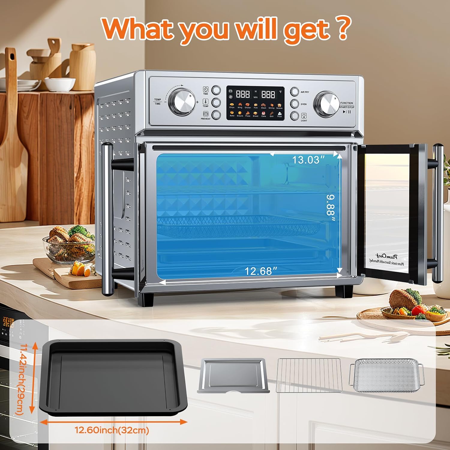 Plum chef 27.5QT French Door Air Fryer Toaster Oven Combo, Countertop Oven with 14 Presets & Digital Control, Extra Large Toaster Oven for Baking, Roasting, Accessories Includes,Stainless Steel
