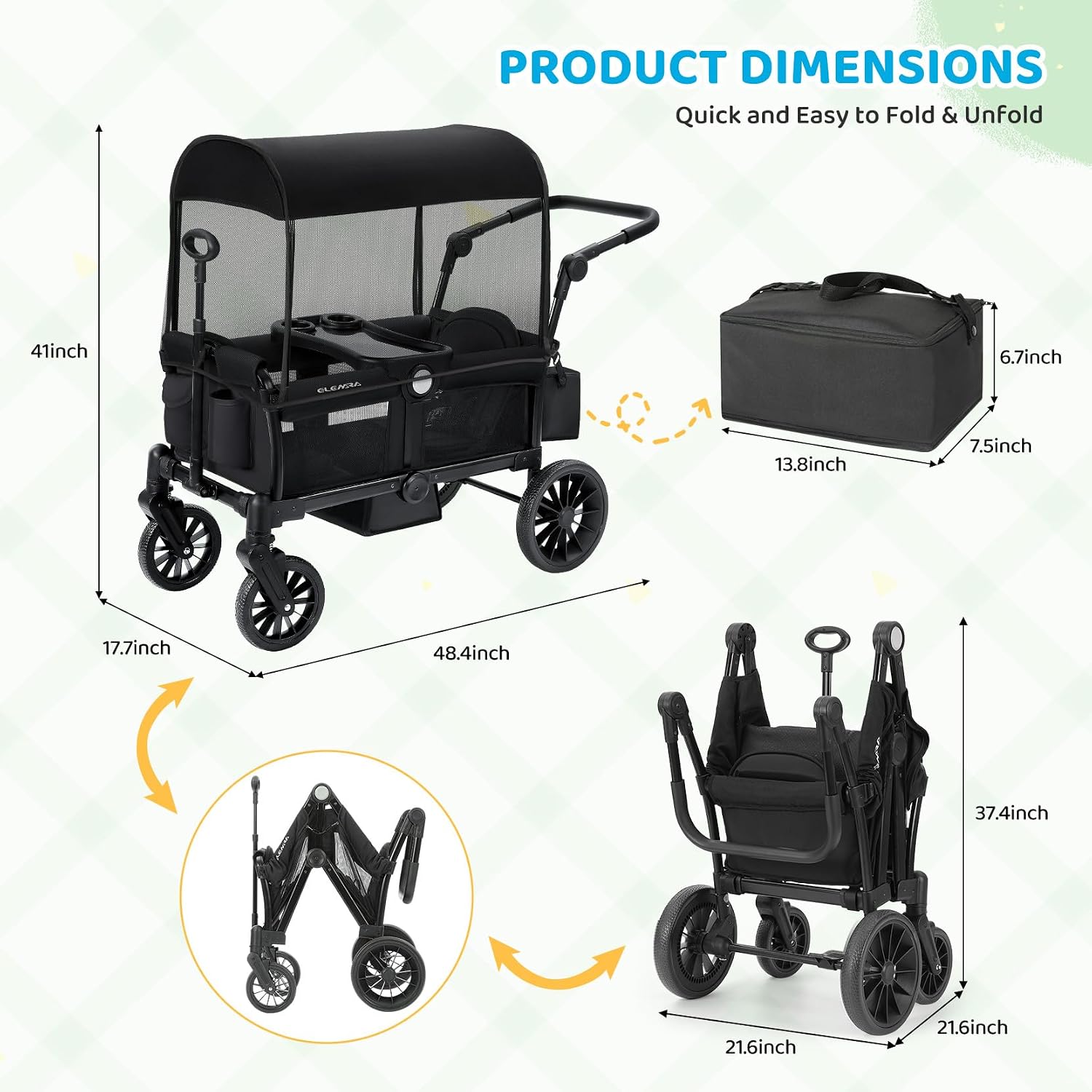 ELEMARA Foldable Wagon Stroller, Stroller Wagon for 2 Kids, Premium All Terrain Wagon for Kids with Removable Canopy, Adjustable Push/Pull Handle, Harnesses, Large Storage Bag, Black