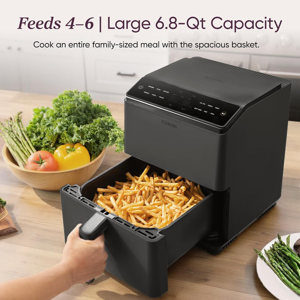 Cosori Air Fryer 6.8-Qt, 12 One-Touch Functions, Dual Heating Elements for Even Cooking, Ceramic-Coated Nonstick Basket, Dishwasher-Safe, 1750W, Family Size for 4-6, Gray