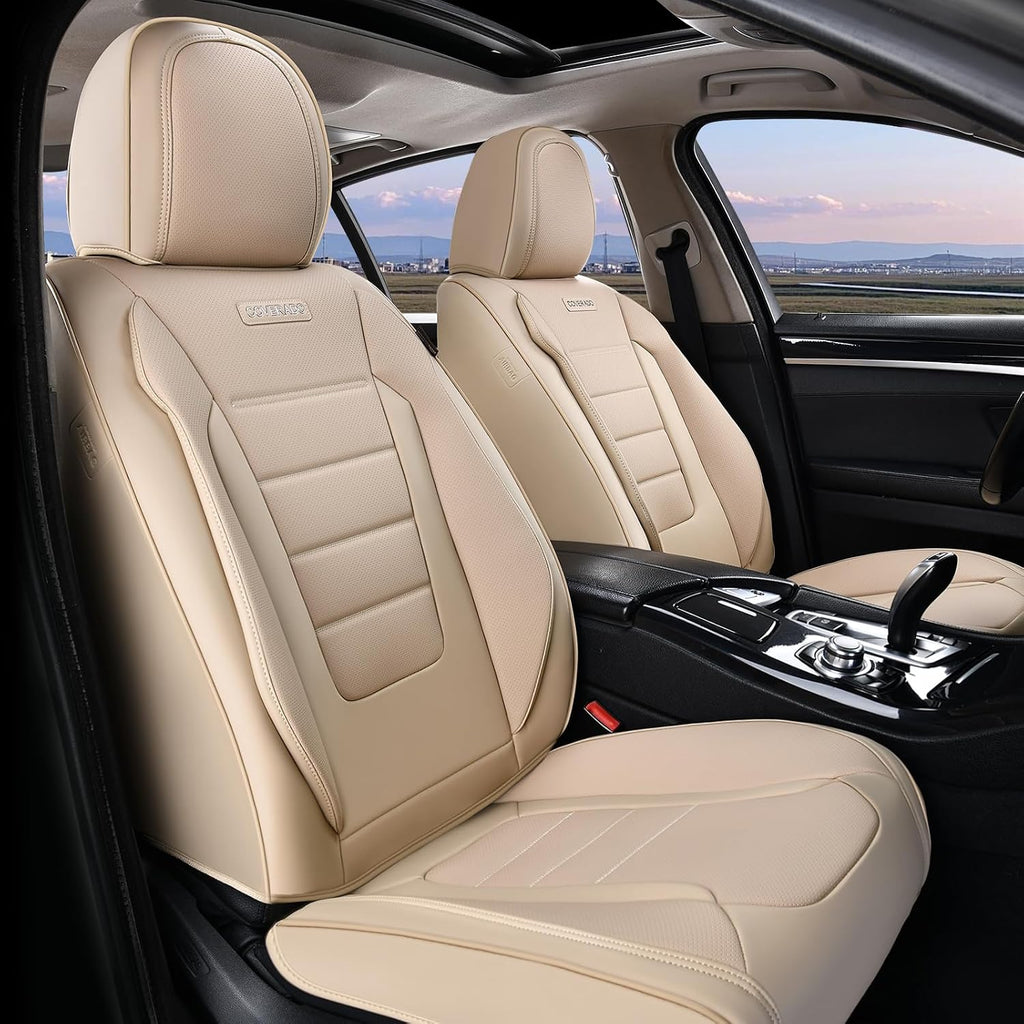 Coverado Front and Back Seat Covers for Cars, Nappa Leather Car Seat Covers, Automotive Seat Covers for Trucks, 5 Seats Waterproof Carseat Protector Car Seat Cover Beige, Universal Fit for Most Cars