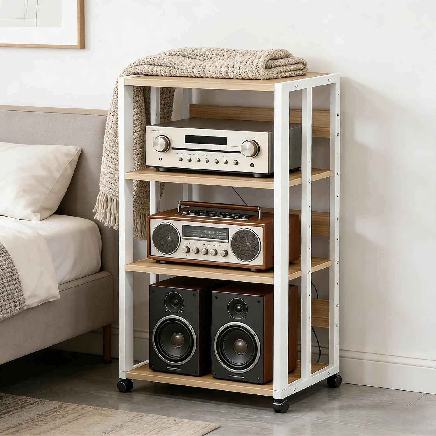 Adjustable Shelf Amplifier Stand Multi Layer Reinforced Steel Frame Audio Video Storage Organizer Living Room Sound Equipment Cabinet(White,40x50x89cm)