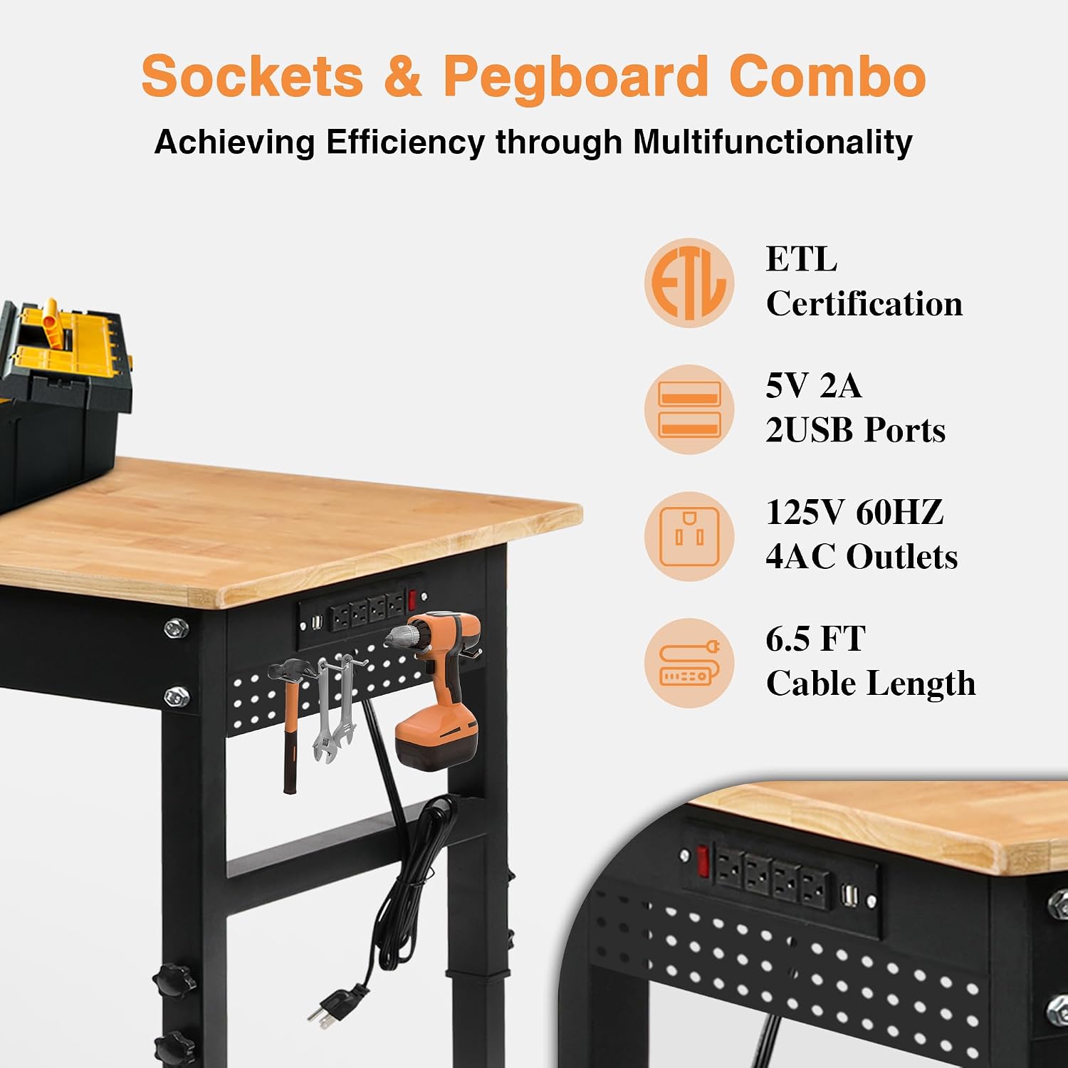 Betterhood 70' Adjustable Workbench on Wheels, 2000 LBS Heavy Duty Work Table with Power Outlets & Pegboard, Rubber Wood Workstation for Garage, Workshop, Office, Home, Commercial