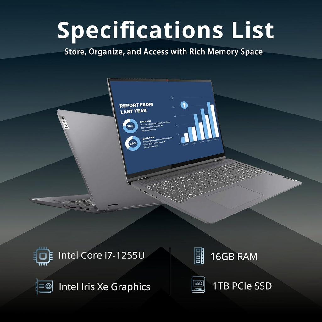 Lenovo IdeaPad Flex 5 16'' 2-in-1 2.5K IPS Touchscreen Laptop, Intel Core i7-1255U, 16GB RAM, 1TB SSD, Backlit Keyboard, Fingerprint Reader, Win 11 Pro, Storm Grey, 32GB Hotface USB Card, Gray