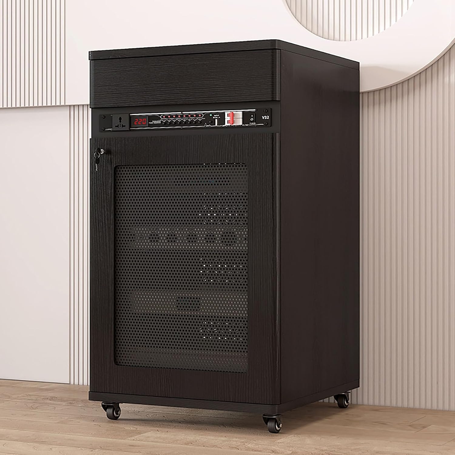 Media Stand Corner Shelf, Solid Wood AV Media Storage Cabinet with Wheels, Floor-Standing Audio Rack with Drawer, 4 Tiers for Stereo Equipment