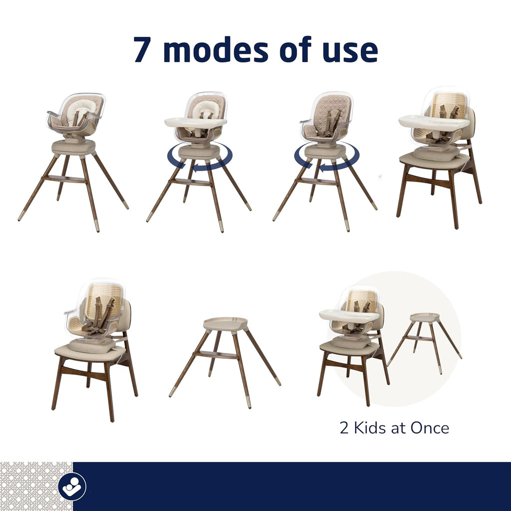 Maxi-Cosi Kiskadee 360 Rotating High Chair, 7 Modes, Infant to 5 Years up to 50 lbs, ClipQuik Magnetic Clip, 3-Position Tray, Washable Pad, Infant Recline, Booster Seat, Child Stool, Natural Heritage