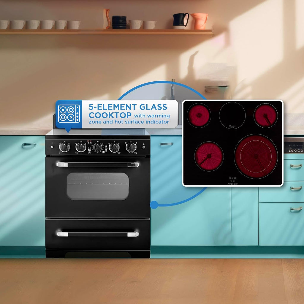 Unique Appliances Classic Retro Radiant Electric Range, Freestanding Electric Range with 5-Element Glass Cooktop, Convection Oven, and Oven Light, 30', Midnight Black