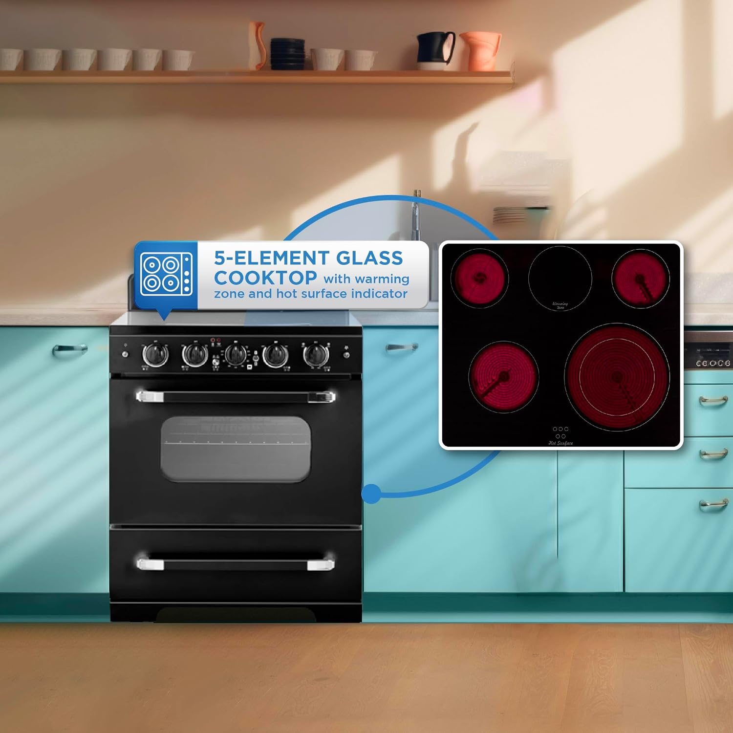 Unique Appliances Classic Retro Radiant Electric Range, Freestanding Electric Range with 5-Element Glass Cooktop, Convection Oven, and Oven Light, 30', Midnight Black