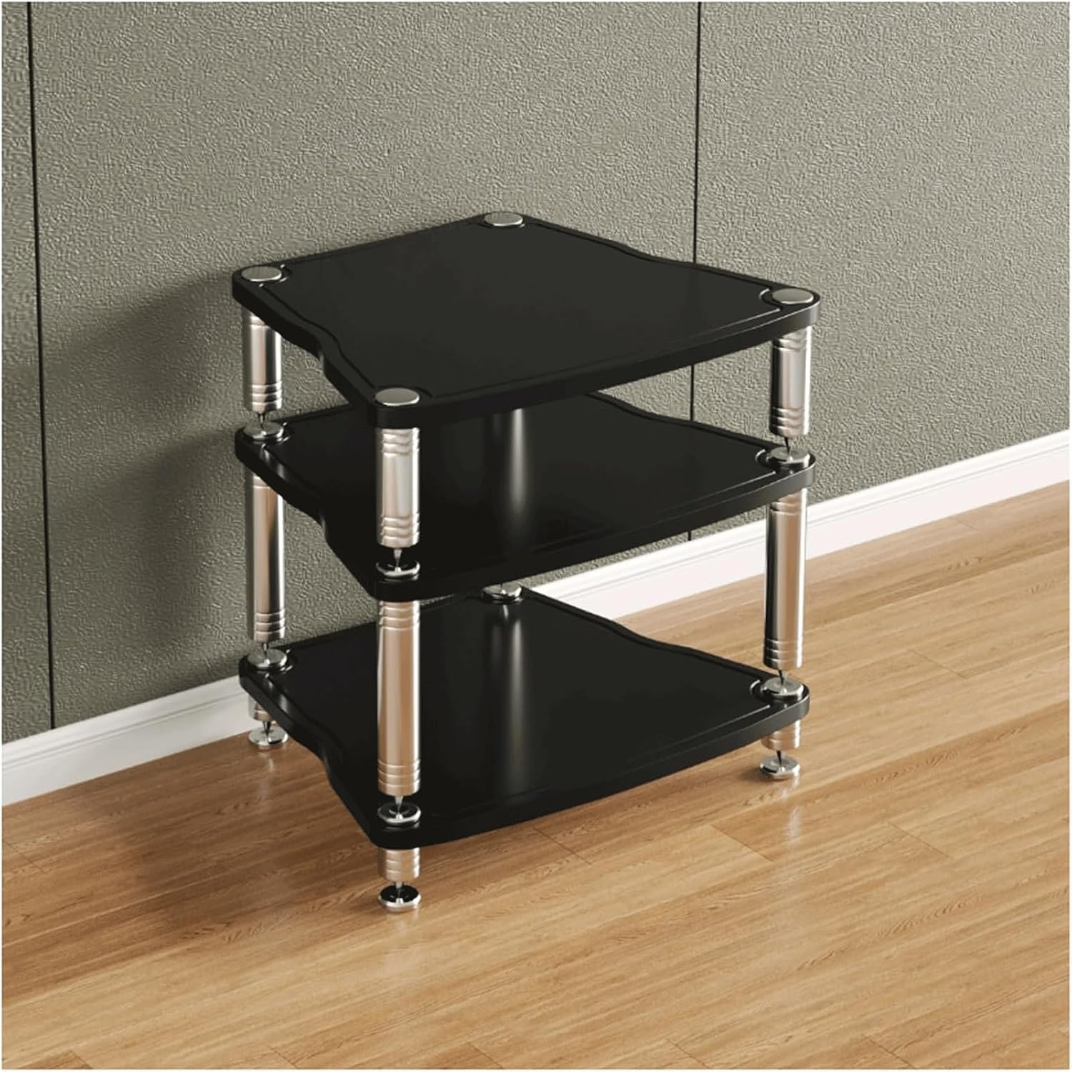Audio Rack Stainless Steel Stereo Rack Audio Equipment Rack Audio Stereo Shelf Wooden Open with Shock-Absorbing Feet HiFi Rack(Nero,3 Tier)