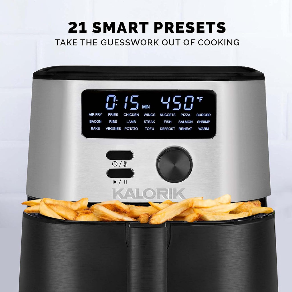 Kalorik MAXX® Digital 4-Quart 7-in-1 Air Fryer, LED Display, 21 Smart Presets, 4 Accessories, Recipe Book, 1600W, Stainless Steel, FT 50929 OW