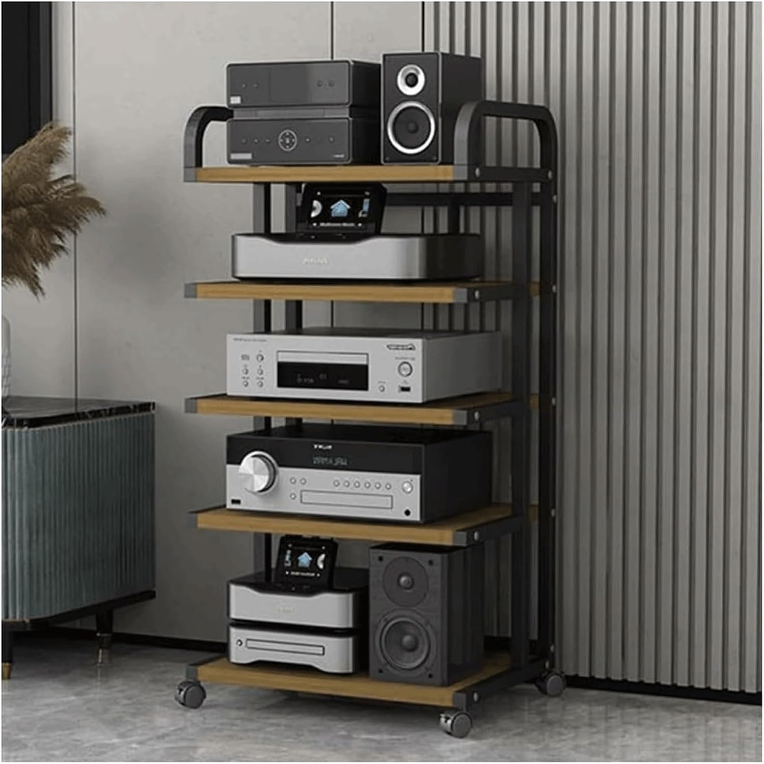 Audio Rack Movable Stereo Rack Audio Equipment Rack Audio with Wheels Stereo Shelf Wooden Open Audio-Video Shelving Waterproof(Natural,5 Tier)