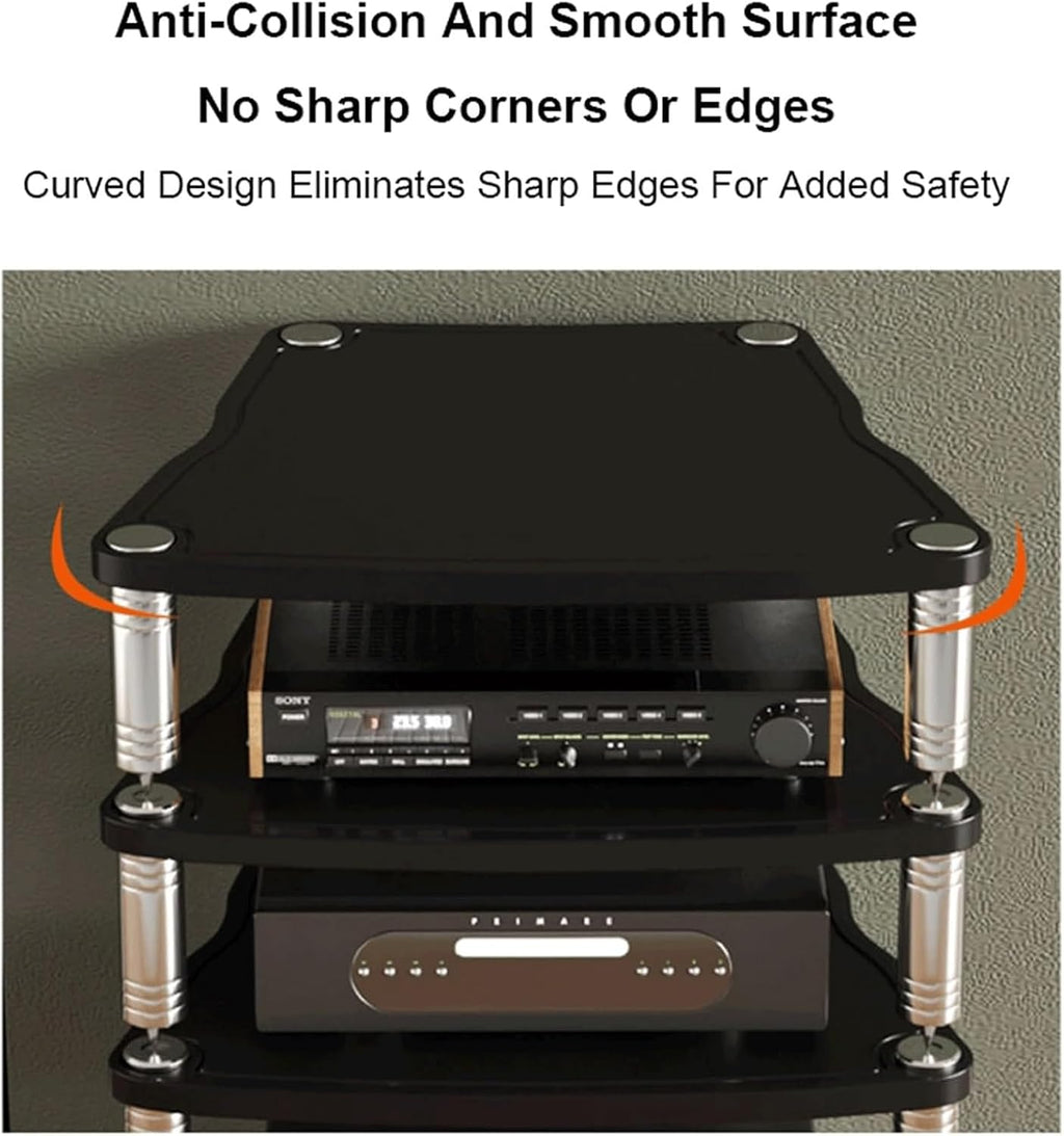 Audio Rack Stainless Steel Stereo Rack Audio Equipment Rack Audio Stereo Shelf Wooden Open with Shock-Absorbing Feet HiFi Rack(Nero,4 Tier)