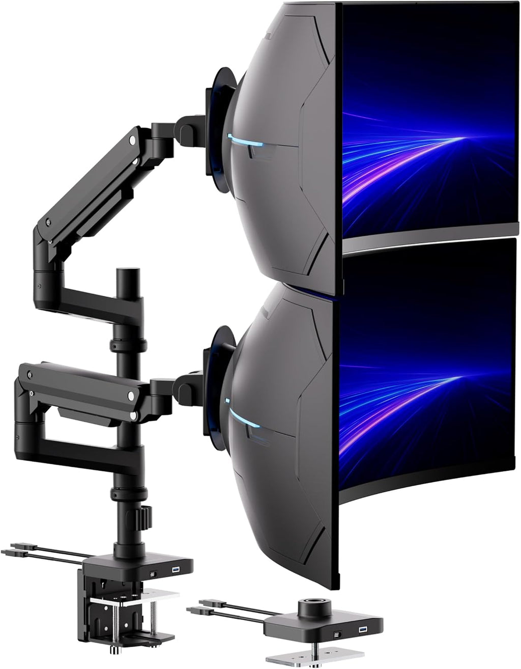 Mount-It! Proflex Series Stacking Dual Ultrawide Monitor Arm for 17–49' Screens, Height-Adjustable Pole, Heavy Duty Gas Spring, USB-C & USB 3.0, Full Motion, VESA 75/100, Clamp or Grommet