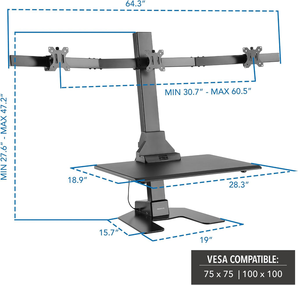 Mount-It! Triple Monitor Electric Standing Desk Converter - 3 Screens Stand Up Desk Riser - Height Adjustable Desktop & 3 Mounts for Screens up to 32', Sit-Stand Convertor for Home, Office, School
