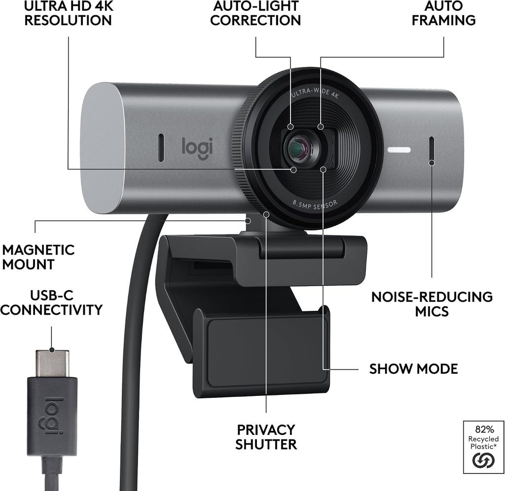 Logitech MX Brio Ultra HD 4K Webcam for Collaboration and Streaming, 1080p 60 FPS, Show Mode, Works with Microsoft Teams, Zoom, Google Meet, Nintendo Switch 2, Graphite