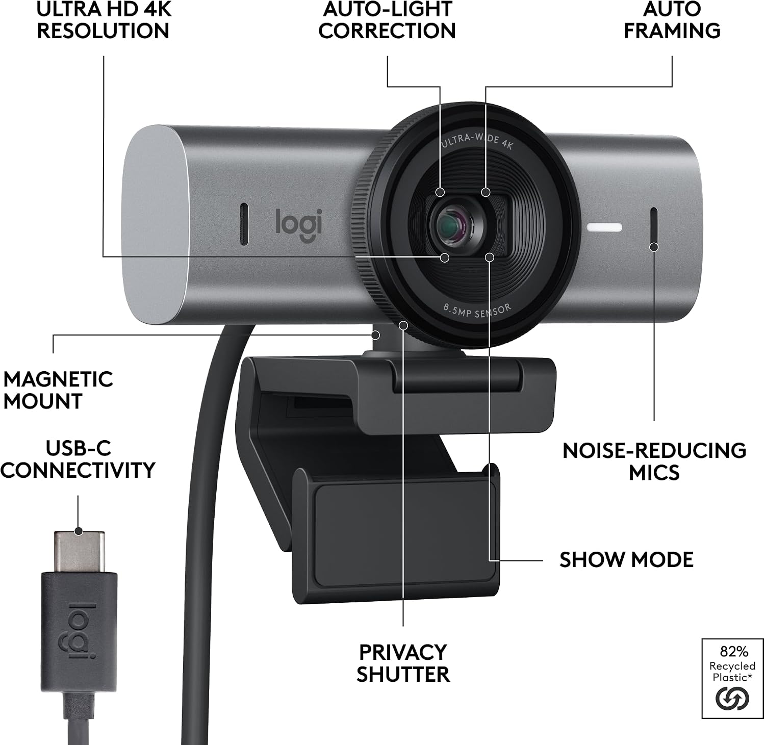 Logitech MX Brio Ultra HD 4K Webcam for Collaboration and Streaming, 1080p 60 FPS, Show Mode, Works with Microsoft Teams, Zoom, Google Meet, Nintendo Switch 2, Graphite