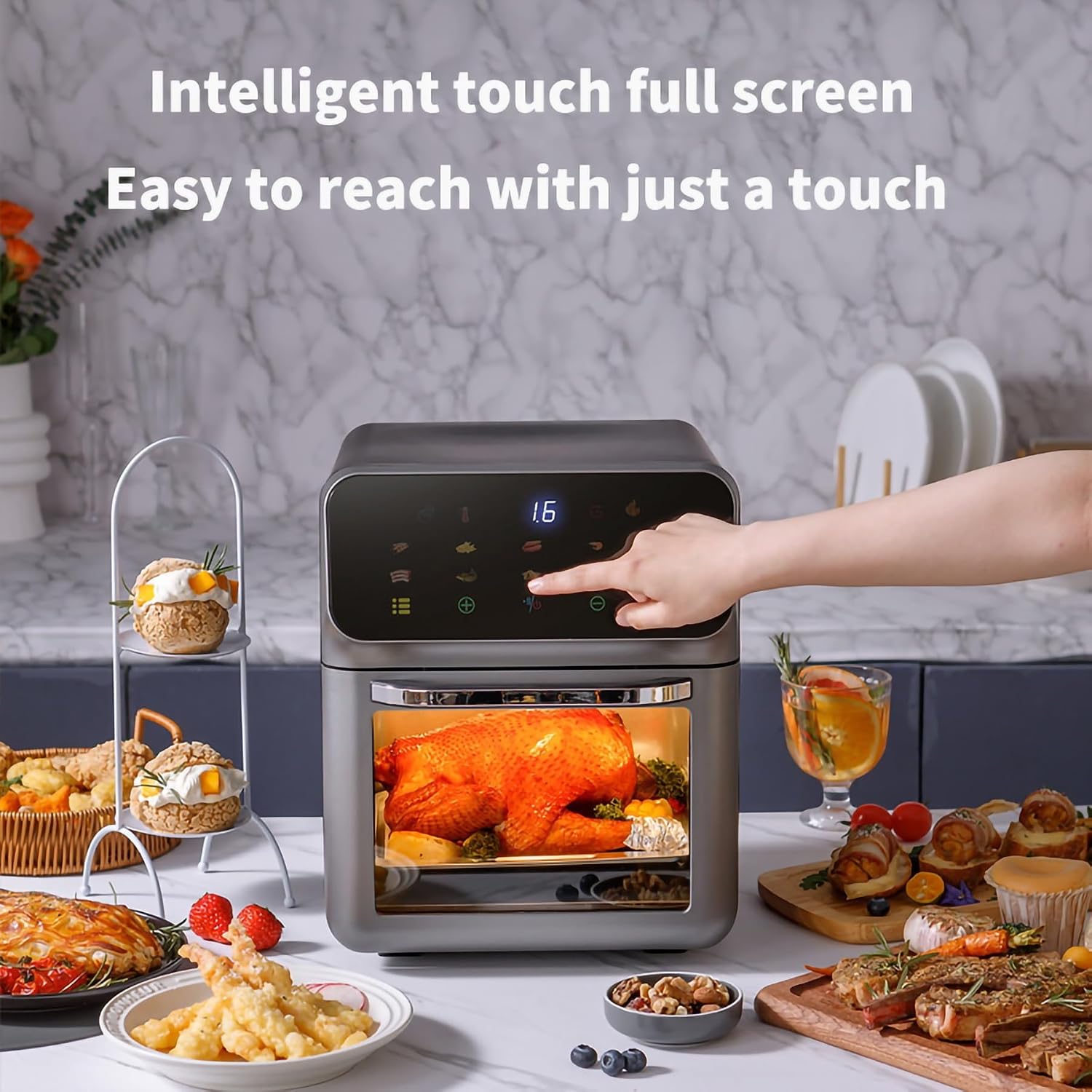 16L Air Fryer Convection Oven Combo, 60min free timer with Built-in baking light, Flip Up & Away 1500W Capability Toaster Oven for oast, Bake, and Broil, Smart