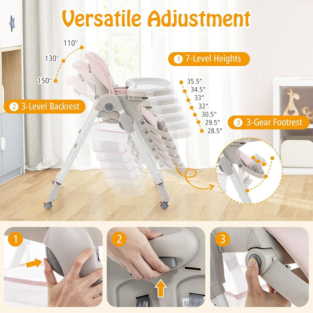 HONEY JOY Baby High Chair, Foldable High Chairs for Babies and Toddlers, Adjustable Heights, Recline Backrest & Footrest, Double-Layer Tray & Cushion, Portable Infant Highchair with Wheels (Pink)