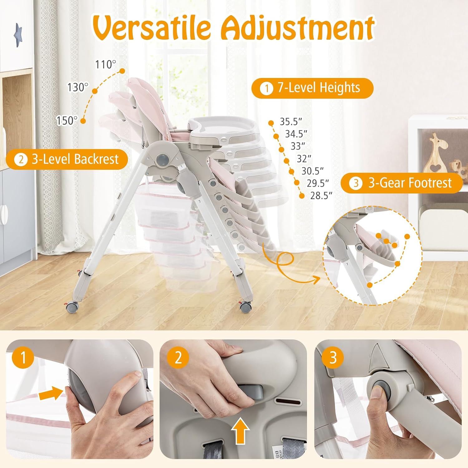 HONEY JOY Baby High Chair, Foldable High Chairs for Babies and Toddlers, Adjustable Heights, Recline Backrest & Footrest, Double-Layer Tray & Cushion, Portable Infant Highchair with Wheels (Pink)