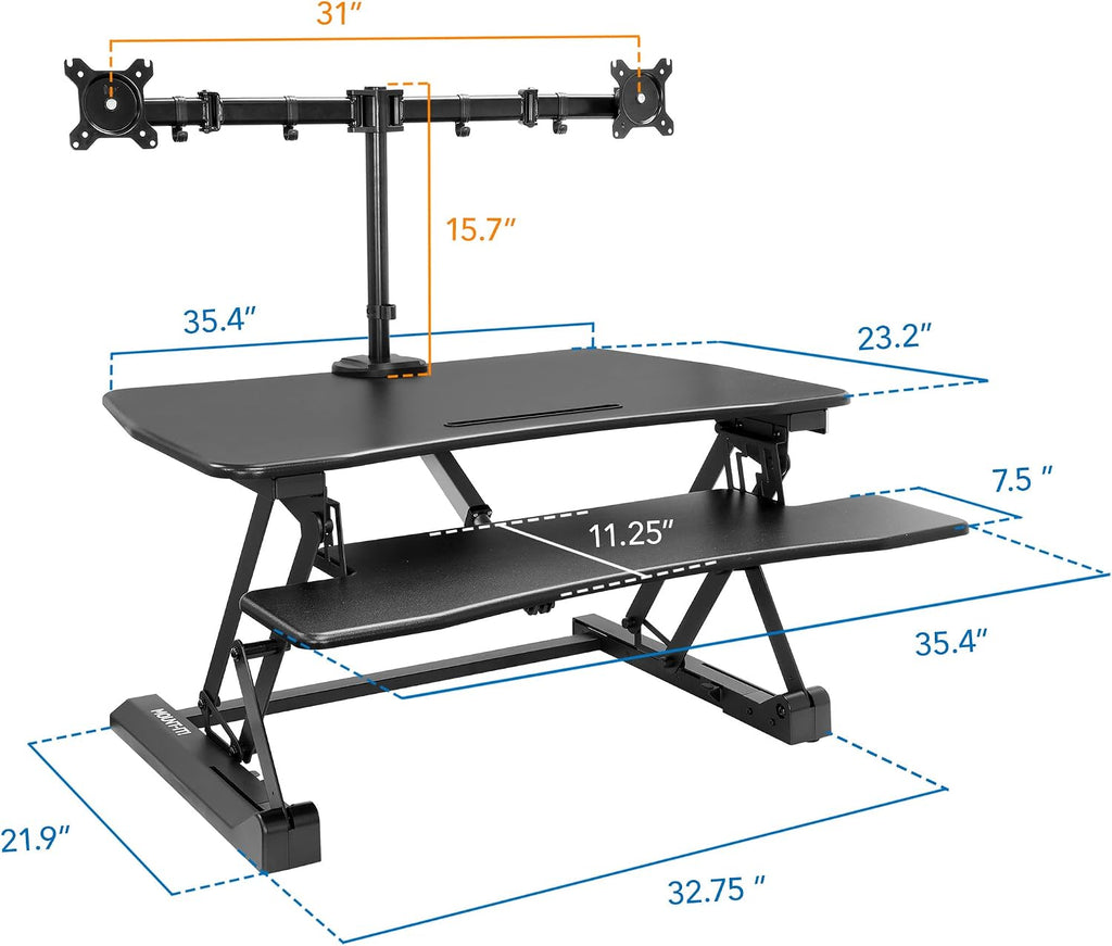 Mount-It! Electric Standing Desk Converter with Dual Monitor Arms for 2 Screens (Max 32'), Large 35.4' Wide Desktop, Motorized Stand Up Desk Riser, Keyboard Tray, USB, Black Stand up Desk Convertor