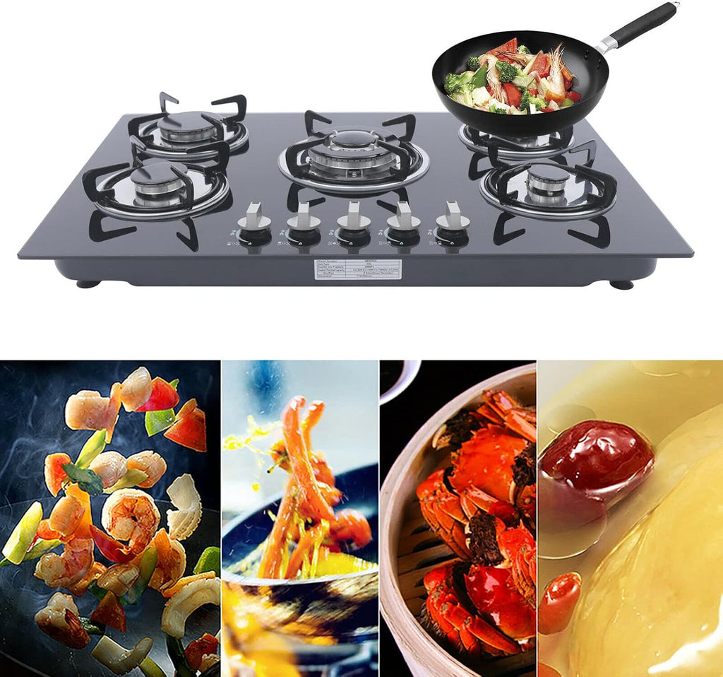 30' Gas Cooktop, Built-in 5 Burners Gas Stove Gas Hob Stovetop Thermocouple Protection Gas Range, Tempered Glass Cooktop Porcelain Ena Grates, Natural Gas LPG Gas Easy to Clean, 30.3'*20'