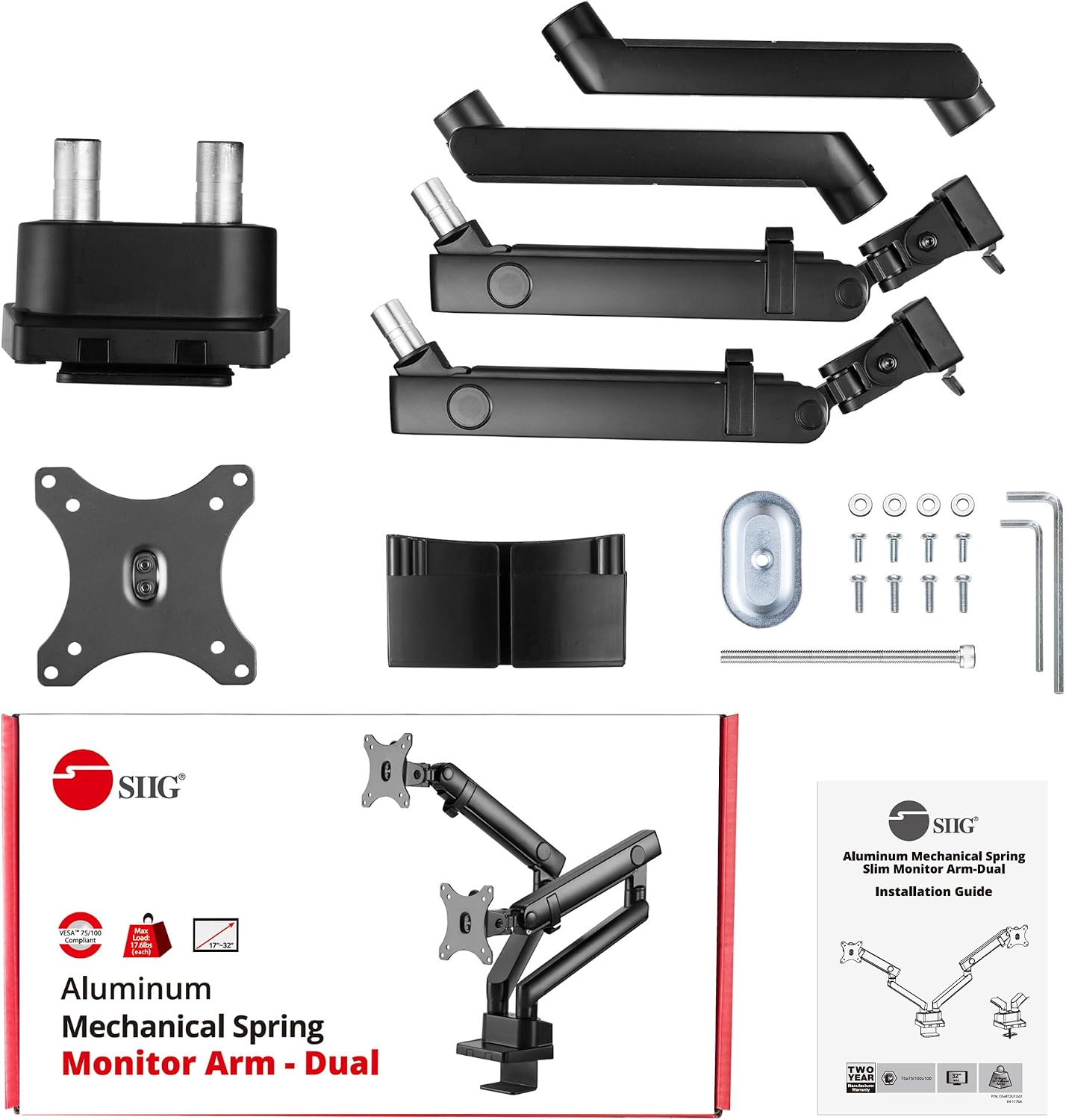 SIIG Aluminum Mechanical Dual Monitor Arm Mount - Height Adjustable Desk Mount for 17in to 32in Screens - 17.6lbs Each Arm - VESA 75x75mm 100x100mm, Black