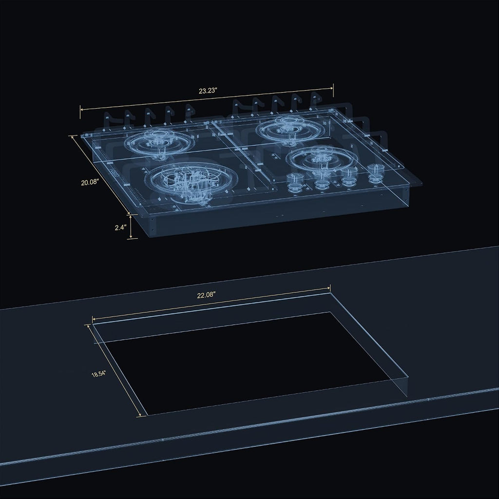Empava 24' Gas Cooktop with 4 Italy Sabaf Sealed Burners NG/LPG Convertible Tempered Glass in Black Model 2020, 24 Inch