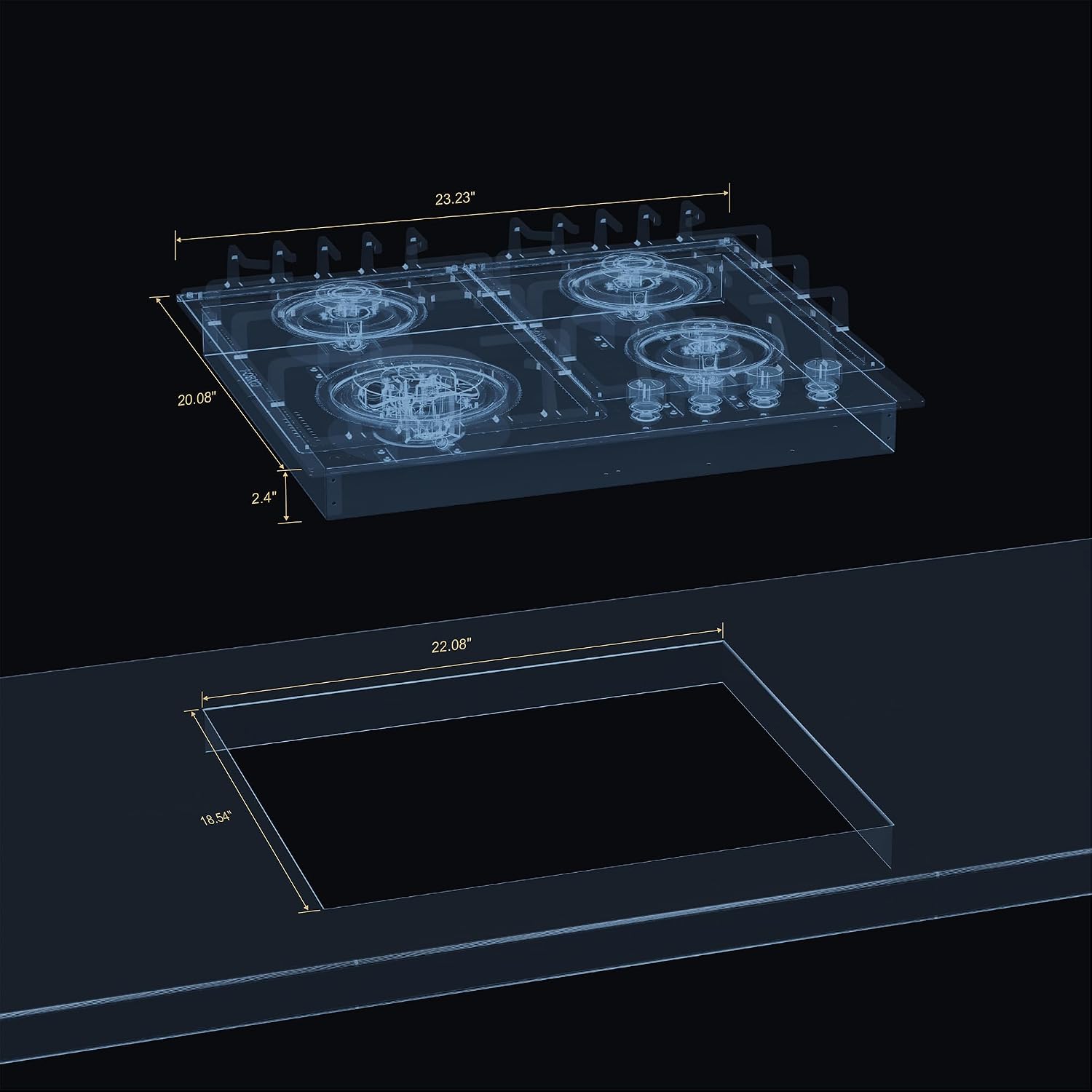 Empava 24' Gas Cooktop with 4 Italy Sabaf Sealed Burners NG/LPG Convertible Tempered Glass in Black Model 2020, 24 Inch