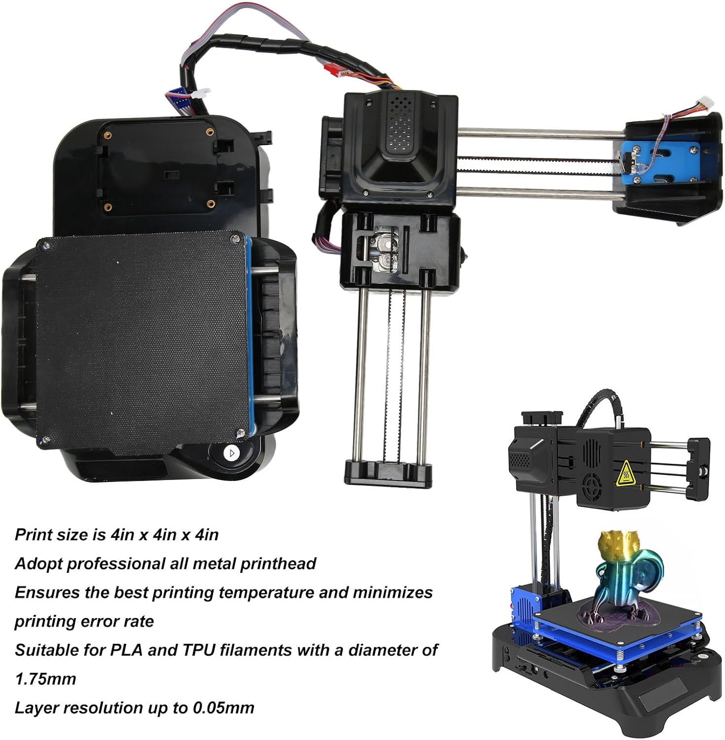 Gonetre FDM Mini 3D Printer Quiet High Accuracy Upgraded Extruder Technology 4x4x4in Printing Volume Small Portable 3D Printer for Beginners Kids DIY Enthusiasts Black (US Plug)