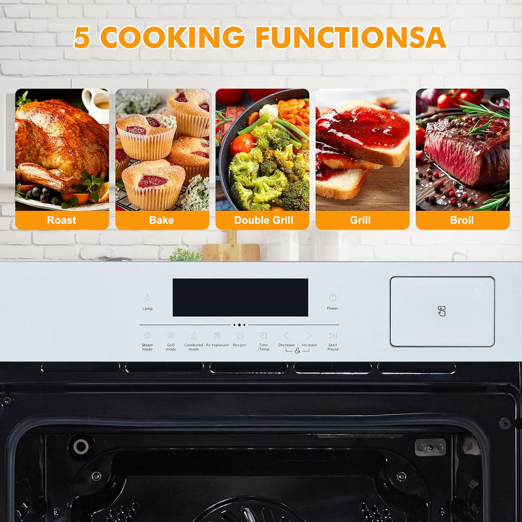 24 Inch Stainless Steel Toaster Oven and White Air Fryer Combo: 70L Capacity, 3D Heating with Steam, Touch Control, Multi-Function Modes for Countertop Built-in Use
