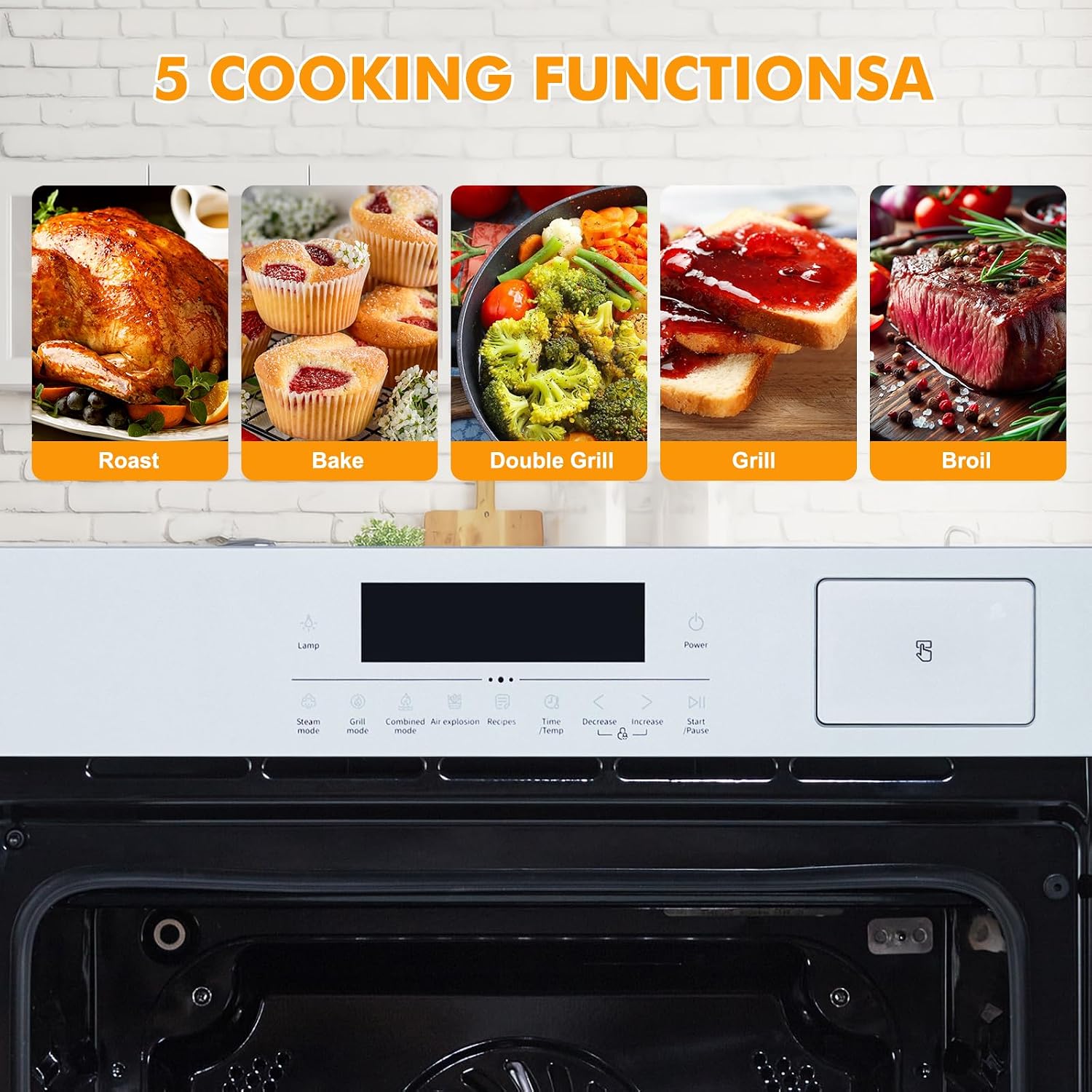 24 Inch Stainless Steel Toaster Oven and White Air Fryer Combo: 70L Capacity, 3D Heating with Steam, Touch Control, Multi-Function Modes for Countertop Built-in Use